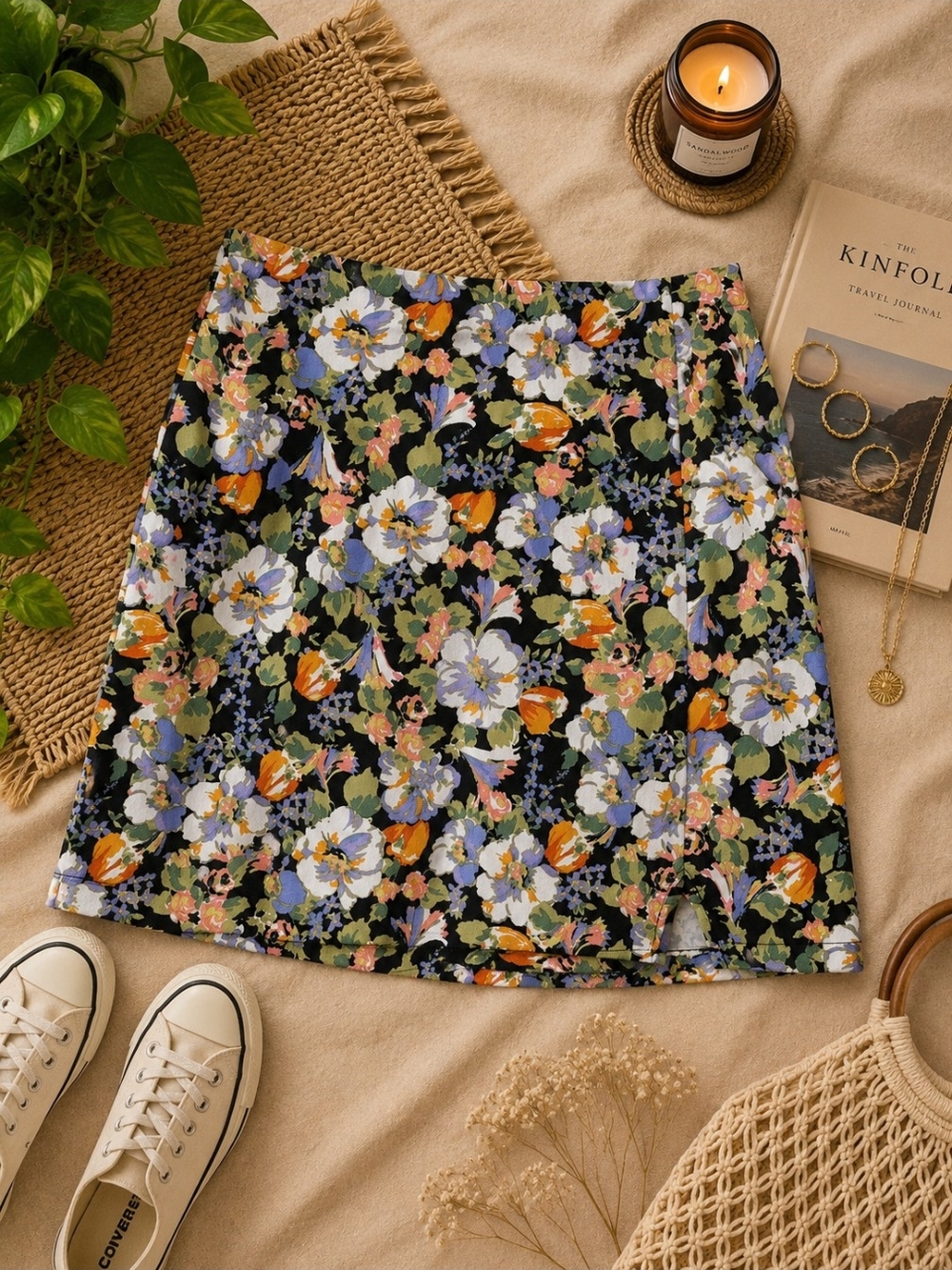 wild fable Black Floral Mini Skirt with Pastel Blooms